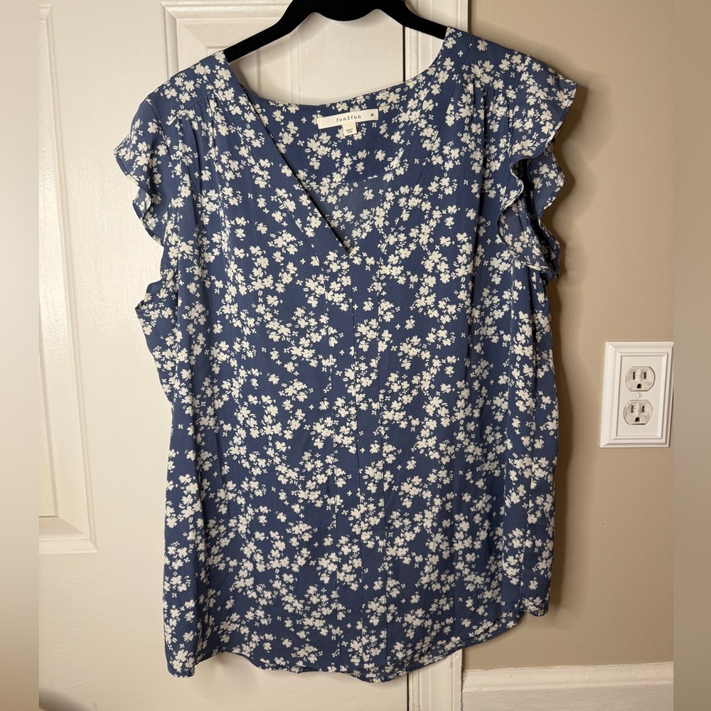 Fun 2 Fun Blue Floral Blouse with White Accents